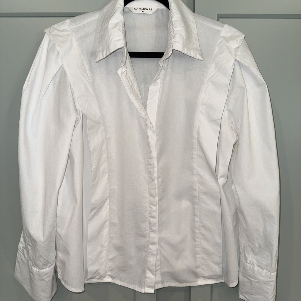 Commense‎ Women's White Button Up Shirt XL Ruffle Flap Long Sleeve Cotton